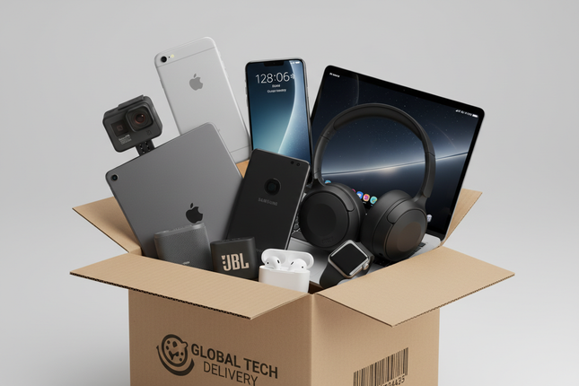 tech products in a box, like a delivery box, phones laptop etc. apple and other famours brands, the products should poke out of the box 